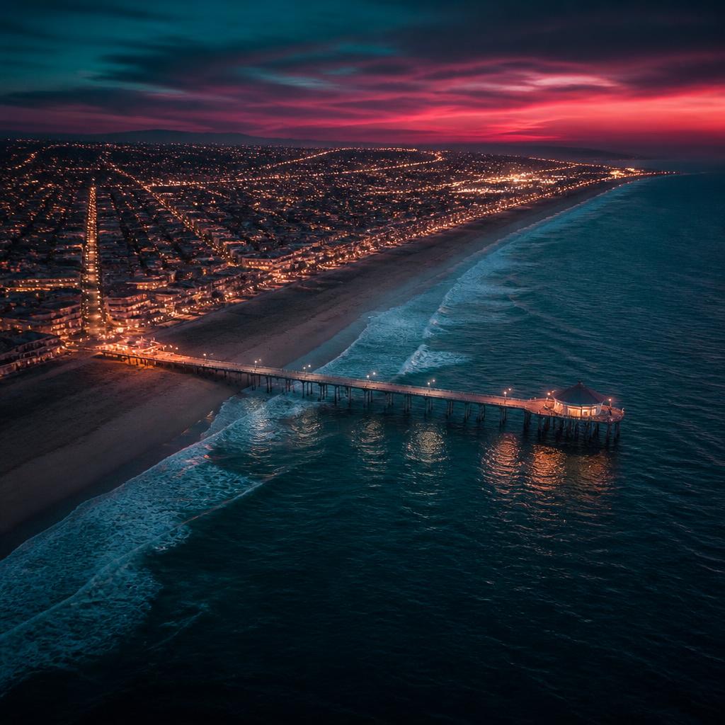Aerial view of the Manhattan Beach coastline and city grid at dusk