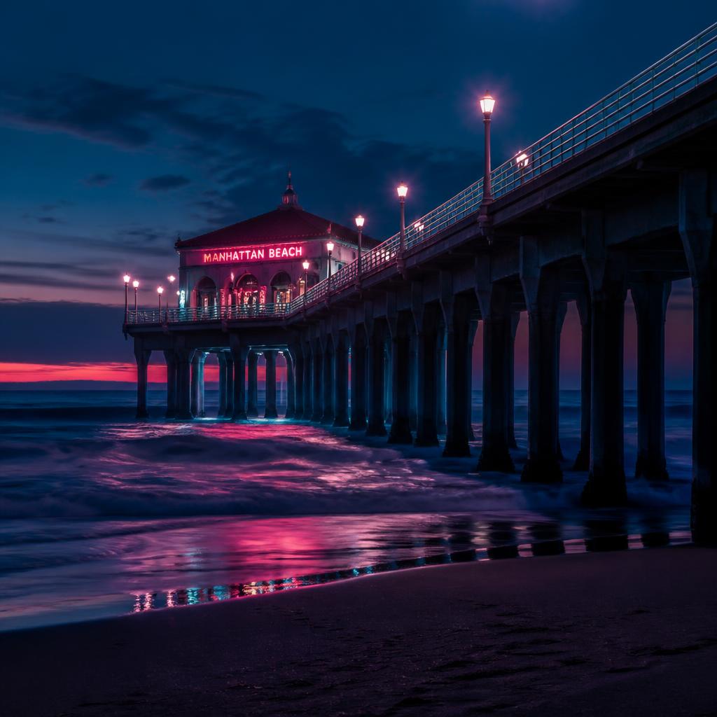 Manhattan Beach shoreline seen from the sand at blue hour