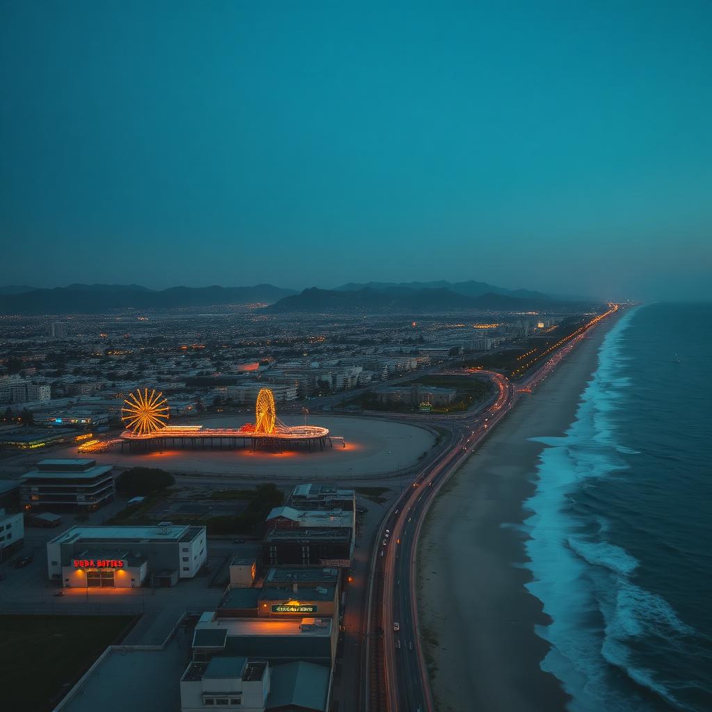 Aerial view of the Los Angeles coastline and city grid at dusk